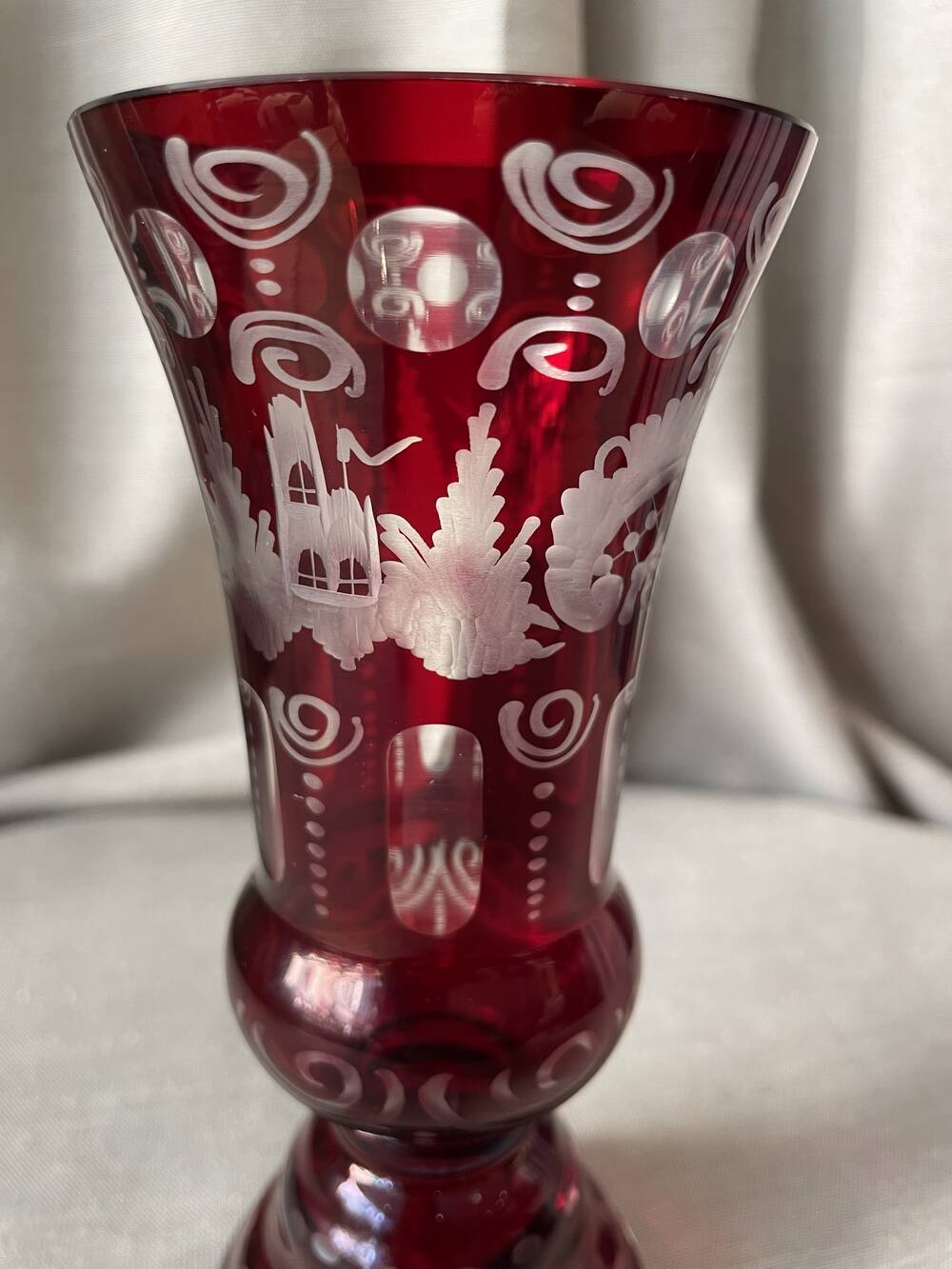 Bohemian glass vase ruby red with transparent decoration in pink and red table decoration