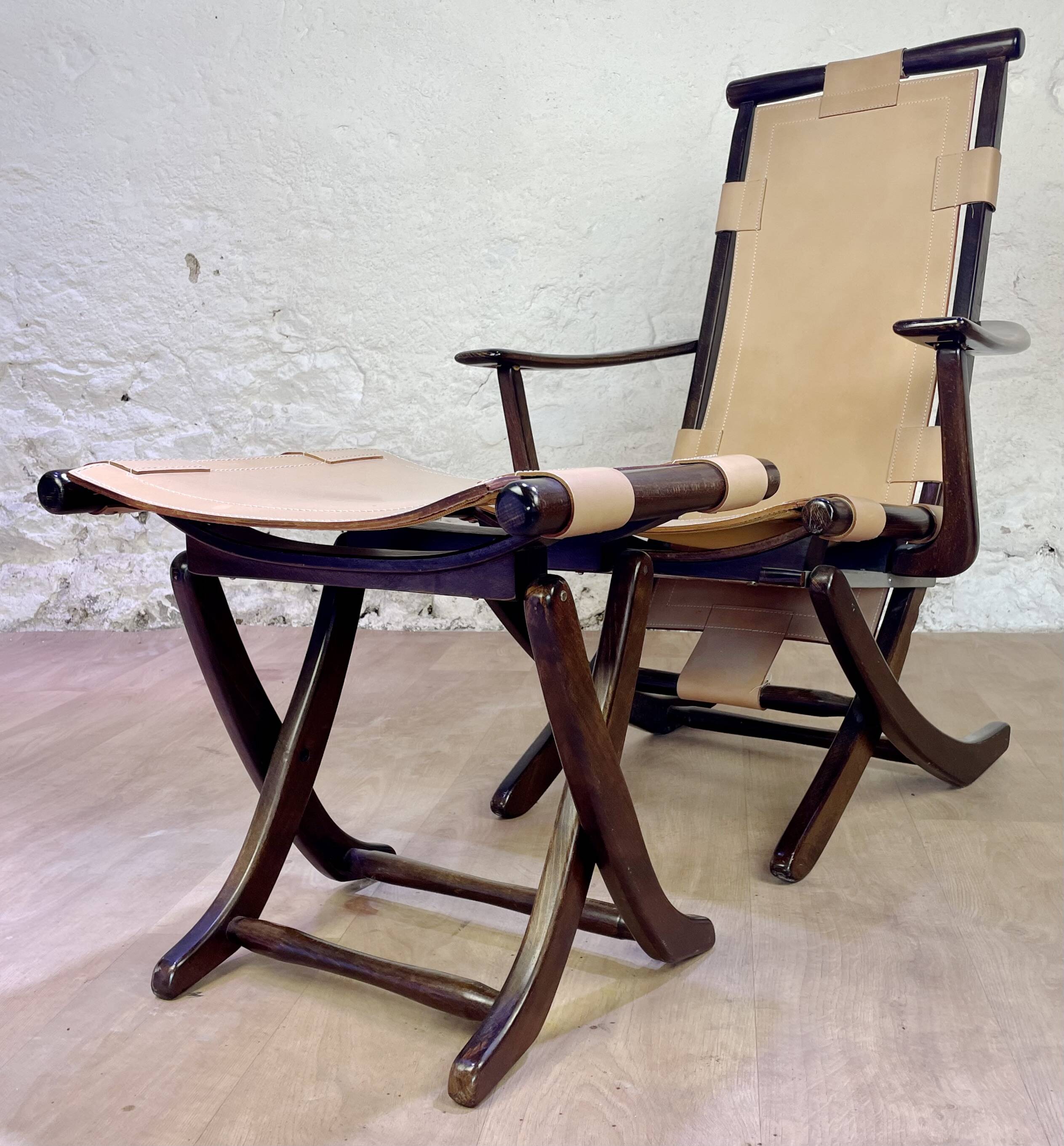 Colonial style leather armchair and ottoman