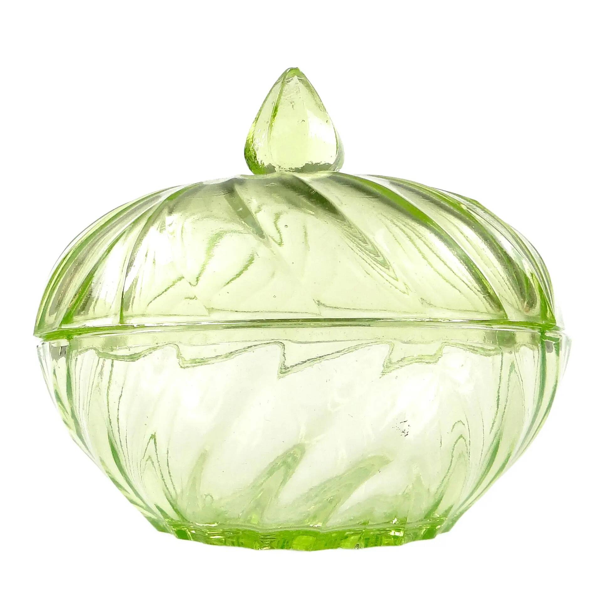 Art Deco bonbonniere with lid, pressed uranium glass, Poland, 1930s