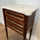 Pair of mahogany and brass side tables or bedside tables with Carrara marble tops.