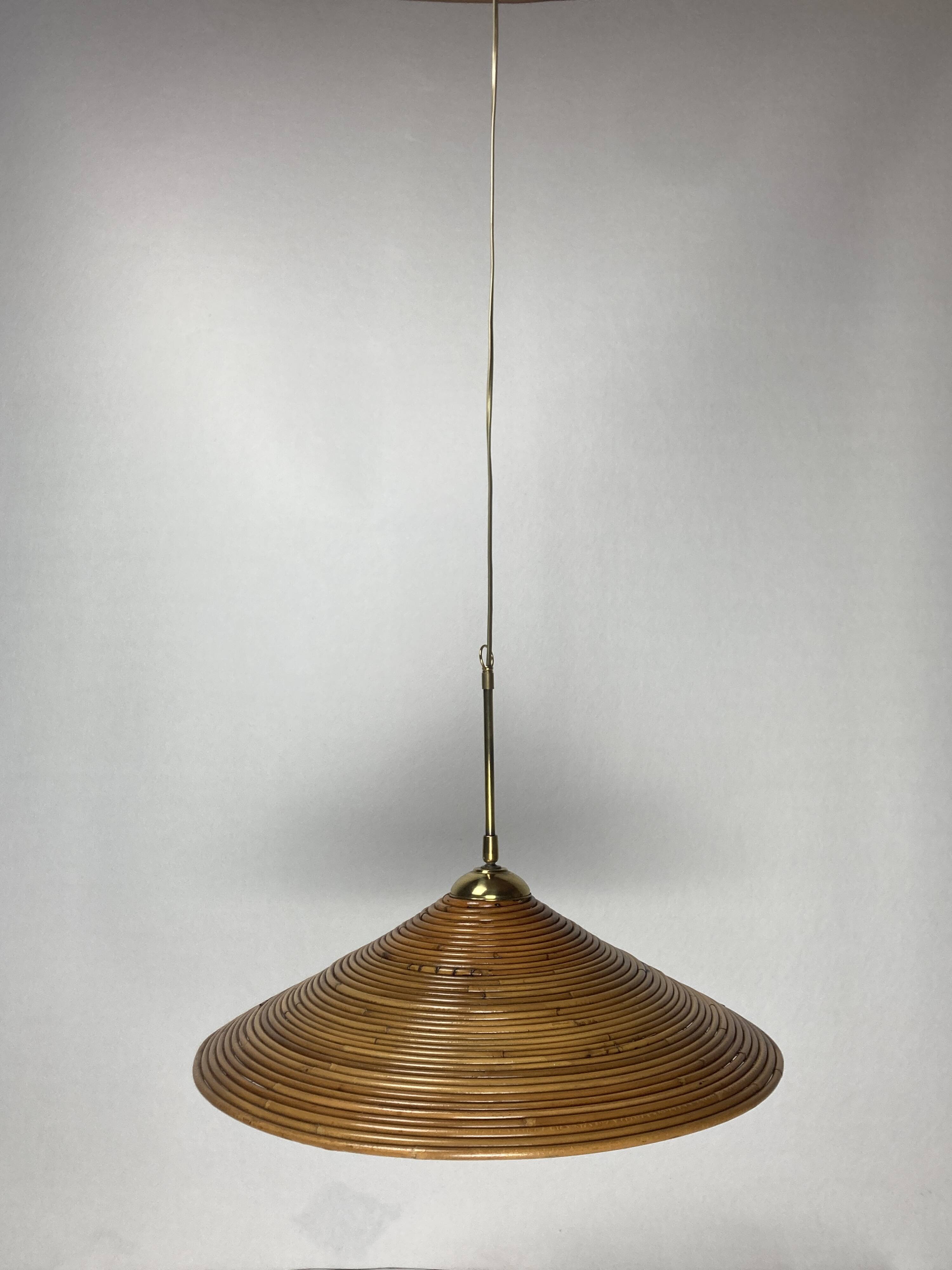 Pencil Split Reed, Rattan, Bamboo & Brass Pendant Lamp, 1970s