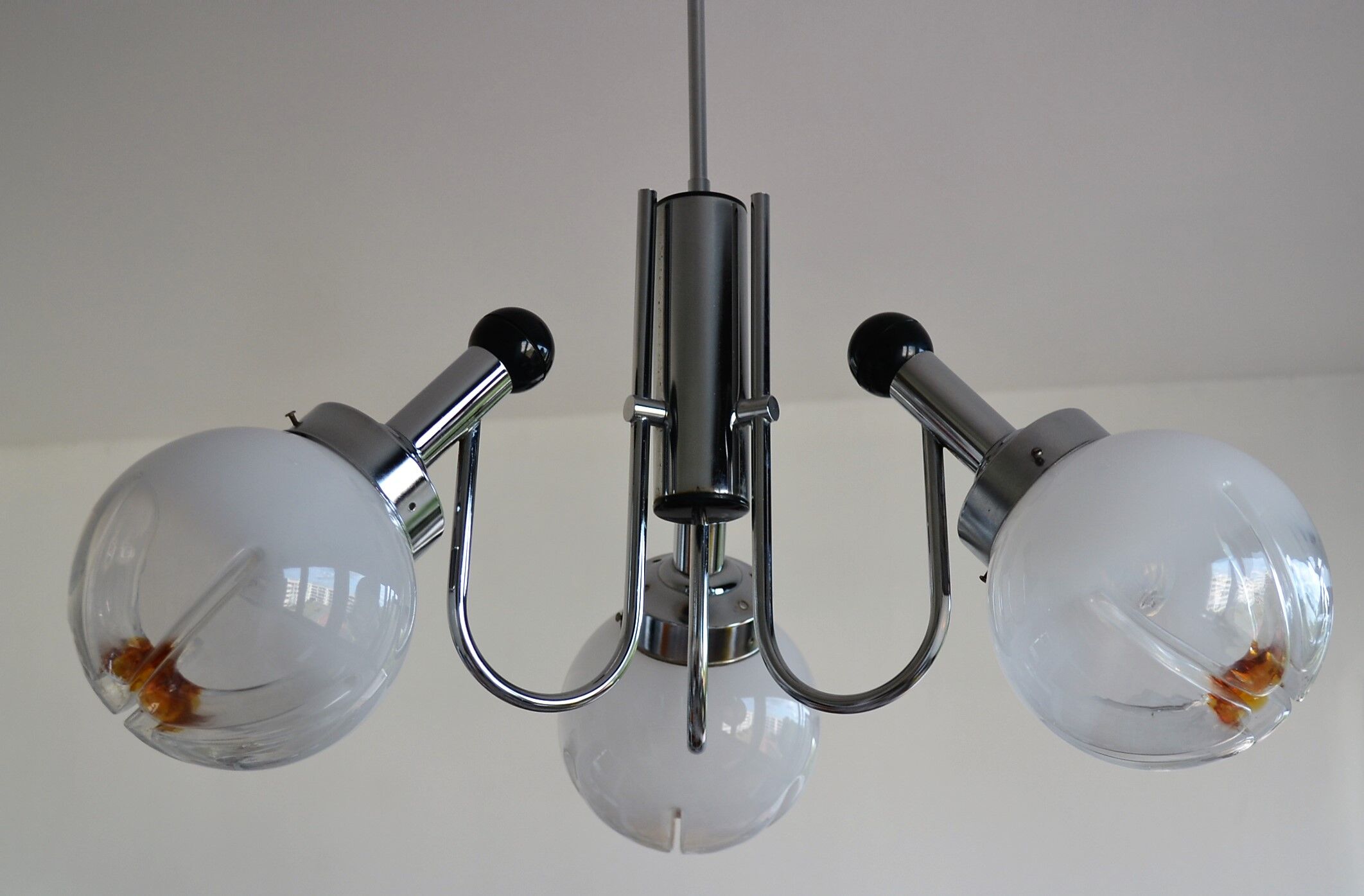 Chrome chandelier 3 glass balls from the 70s 80s