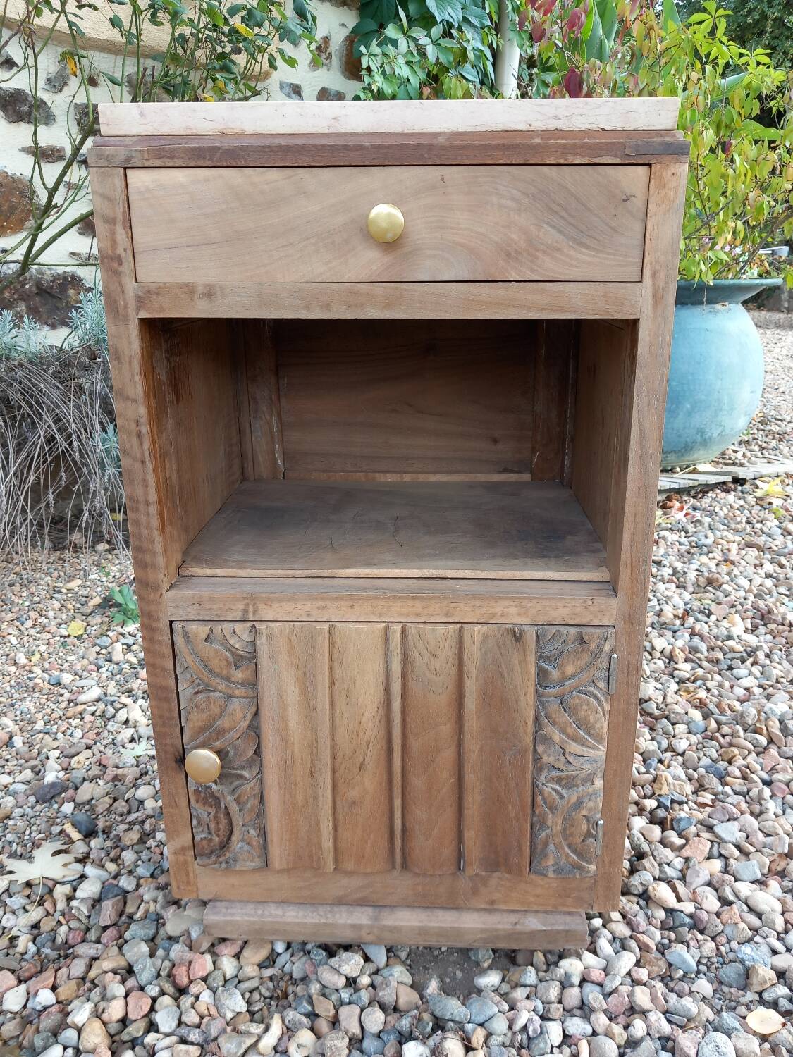 Petit meuble/chevet bois ancien et marbre rose