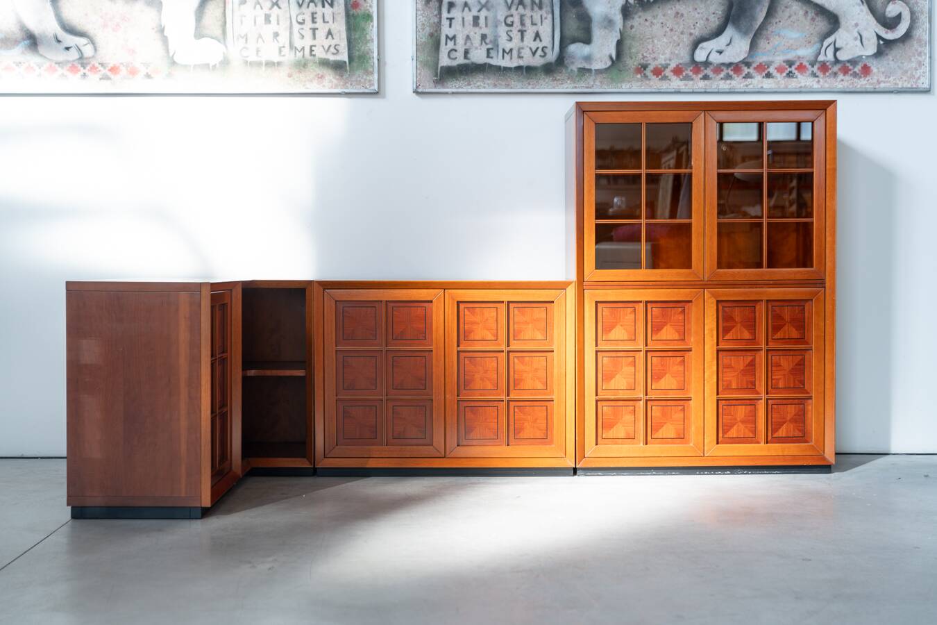 1970s Modular Corner Cabinet in Cherrywood with Glass and Carved Doors – “Fox Hunt” Design