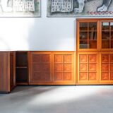 1970s Modular Corner Cabinet in Cherrywood with Glass and Carved Doors – “Fox Hunt” Design