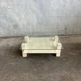 Table basse sculpturale travertin et verre, vintage 1980s