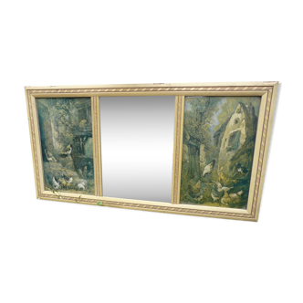 Miroir mural biseauté avec gravures années 40-50