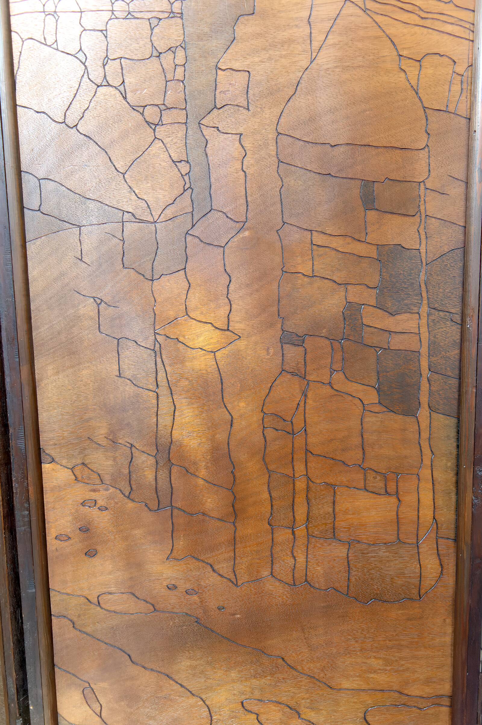 Pyrographed Screen, Mediterranean Medieval Town, Art Nouveau/Deco, 1930