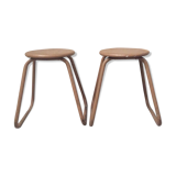 Pair of industrial metal wood workshop stools 1970