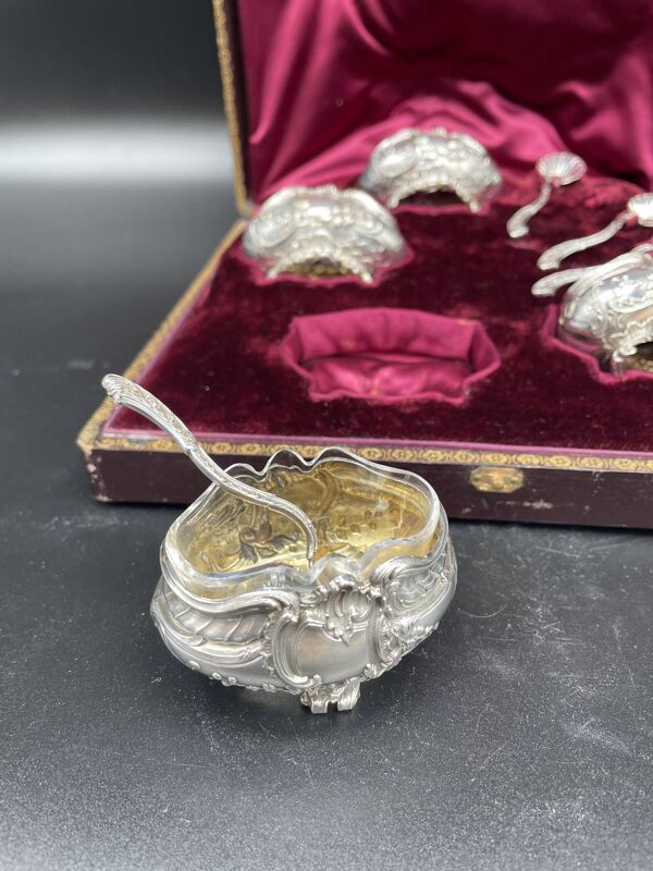 4 salerons, argent, Ravinet D'enfert, 4 pelles, intérieur verre blanc, écrin, intérieur pourpre, XIX