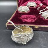 4 salerons, argent, Ravinet D'enfert, 4 pelles, intérieur verre blanc, écrin, intérieur pourpre, XIX