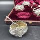 4 salt pots, silver, Ravinet D'enfert, 4 shovels, white glass interior, case, purple interior, 19th century