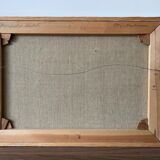 Mid century modernist framed oil painting - houses at sunset