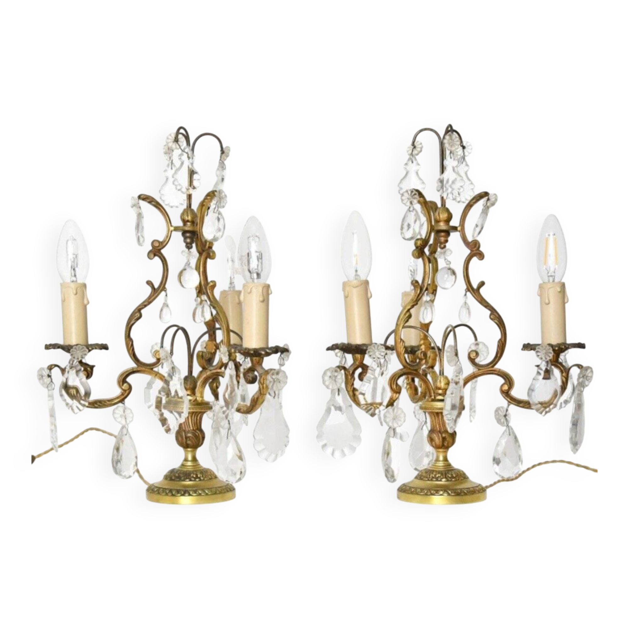 Pair of gilded bronze candelabra with three arms of light