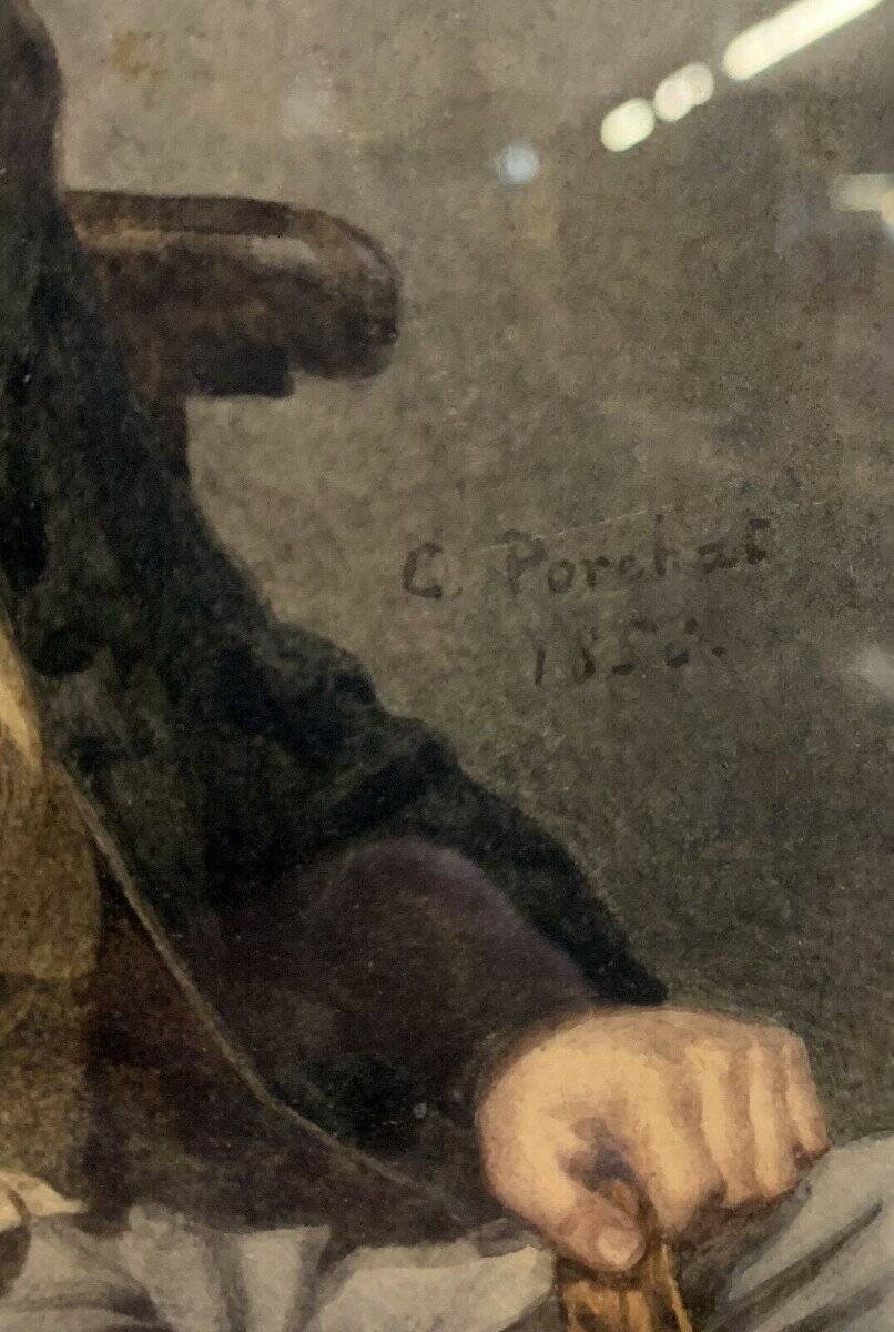 Swiss school 19th (1856): Portrait In Watercolor On Parchment Paper