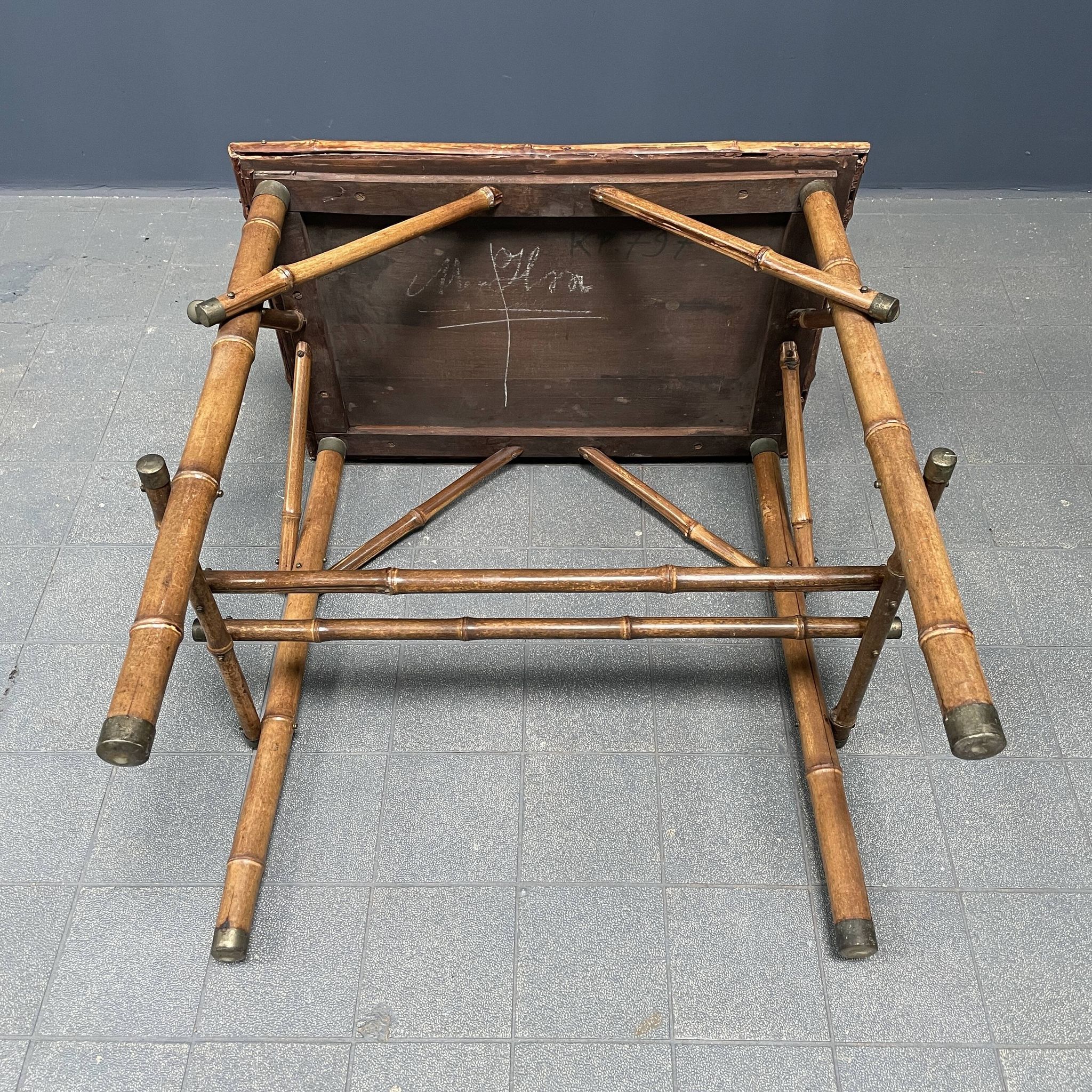 Bamboo side table with mirror top from France, 1940s