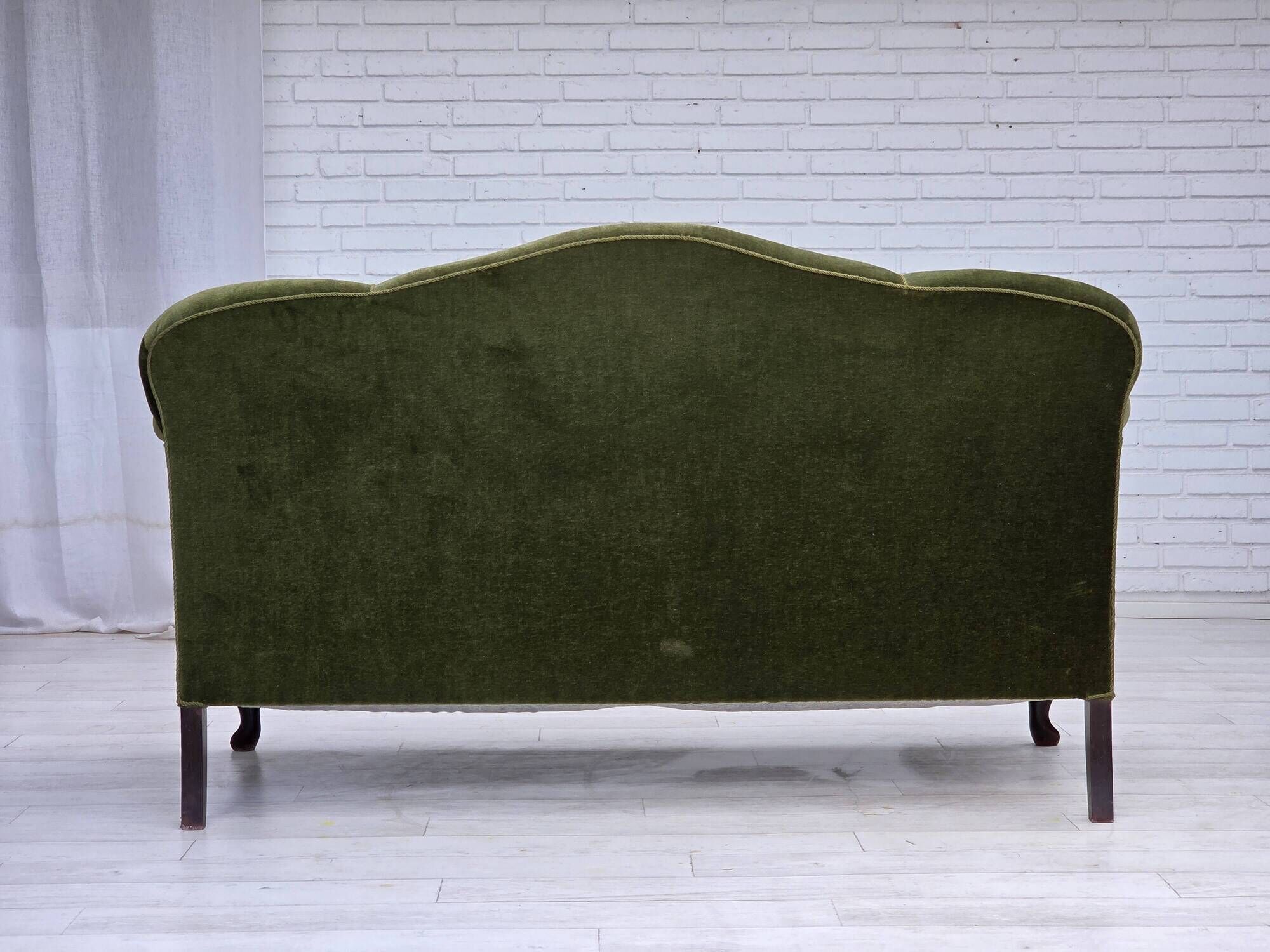 1950s, Danish 2-seater sofa, green furniture velour, ash wood legs.