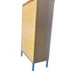 Classeur, armoire à rideaux roulant vintage en bois sur pieds chromés