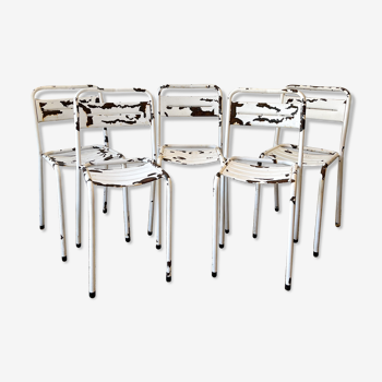 Series of 5 white metal bistro chairs