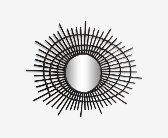 Miroir vintage 1960 soleil rotin ORTF - 80 x 67 cm