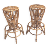 Pair of Postmodern Italian Round Bamboo Stools in the style of Agnoli