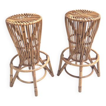 Paire de tabourets hauts italiens postmodernes en bambou dans le style d'Agnoli