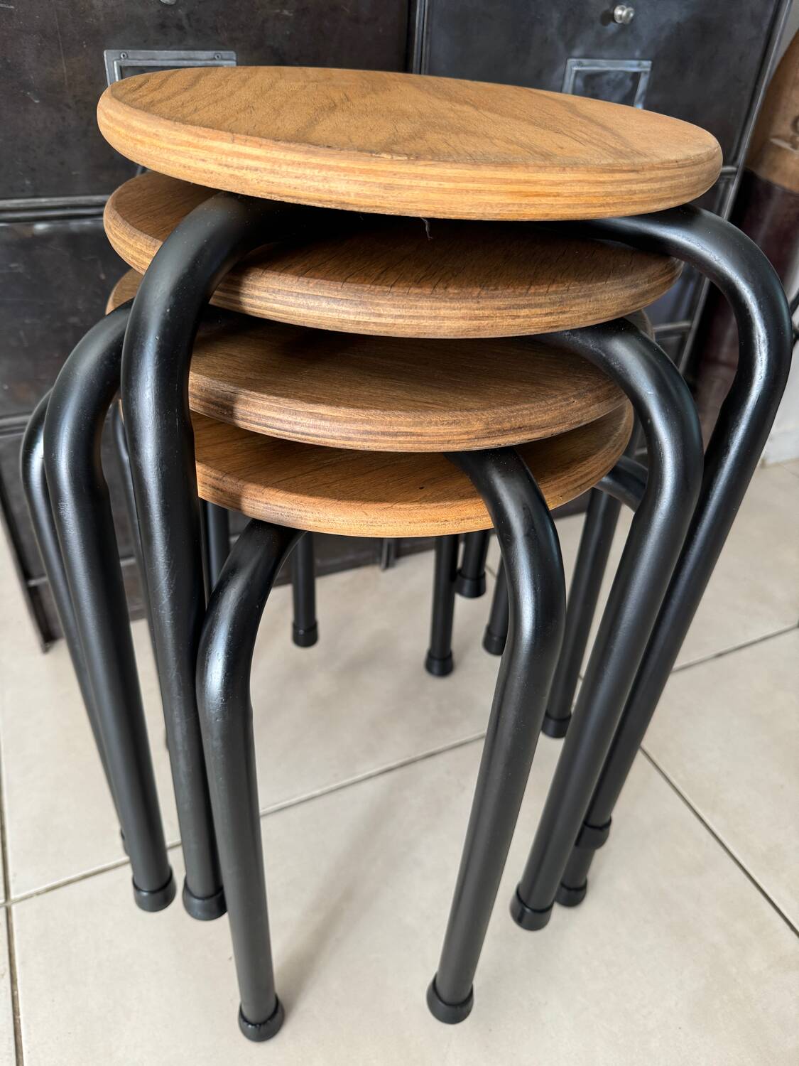 Series of 4 metal and wood school stools