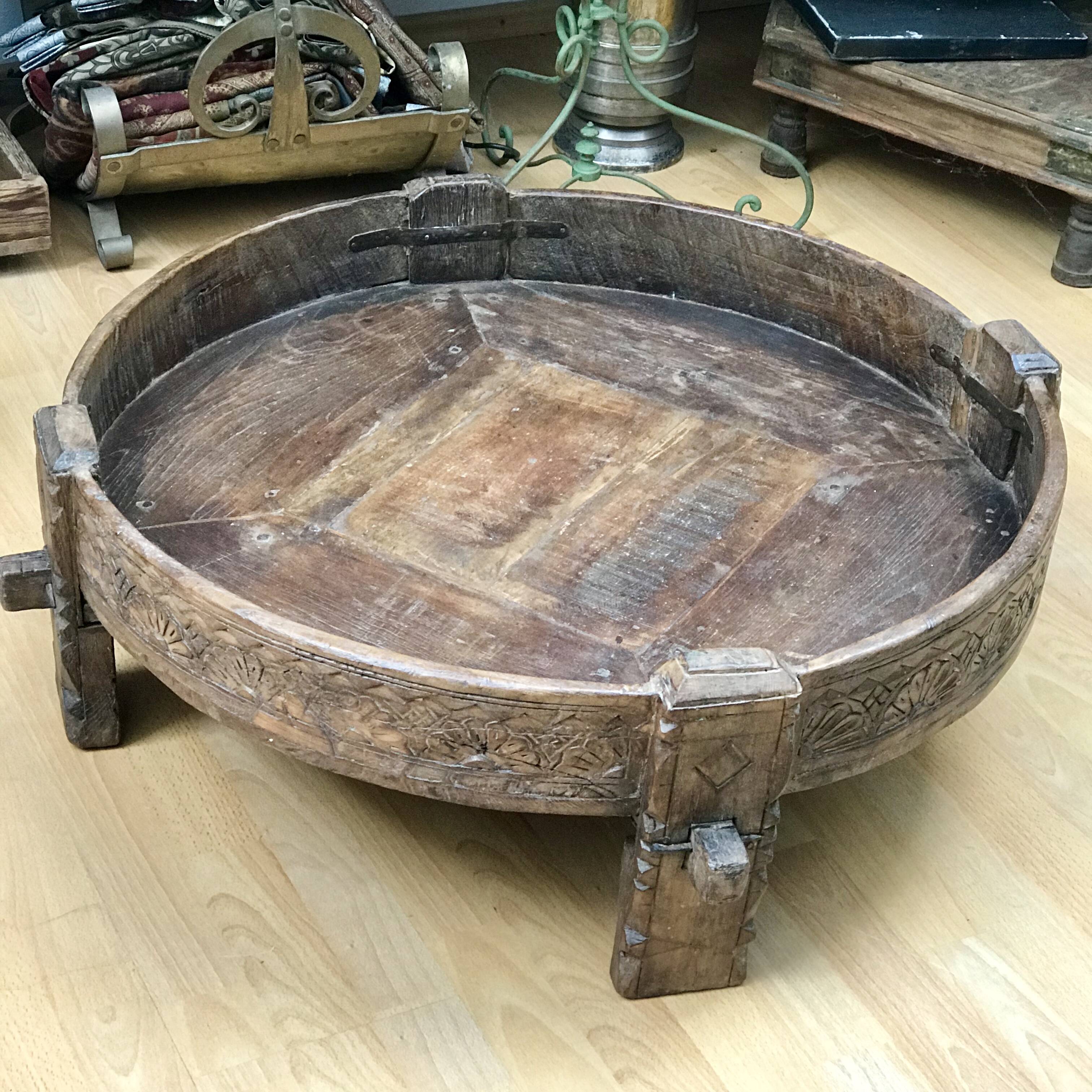 Antique Indian Teak Low Grinder Table, 1940s