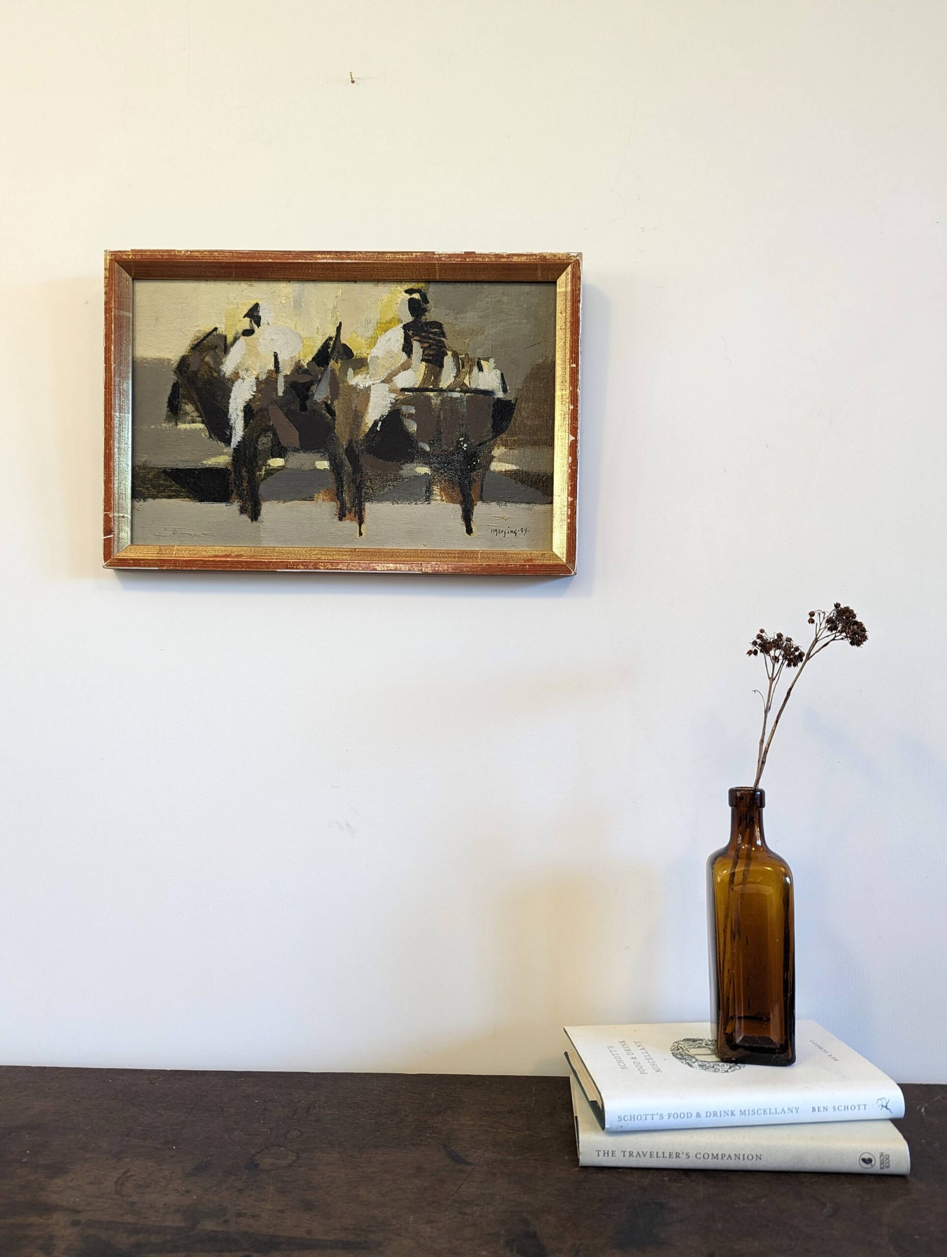 Mid-Century Modern Swedish "Altea" Vintage Abstract Figurative Oil Painting, Framed