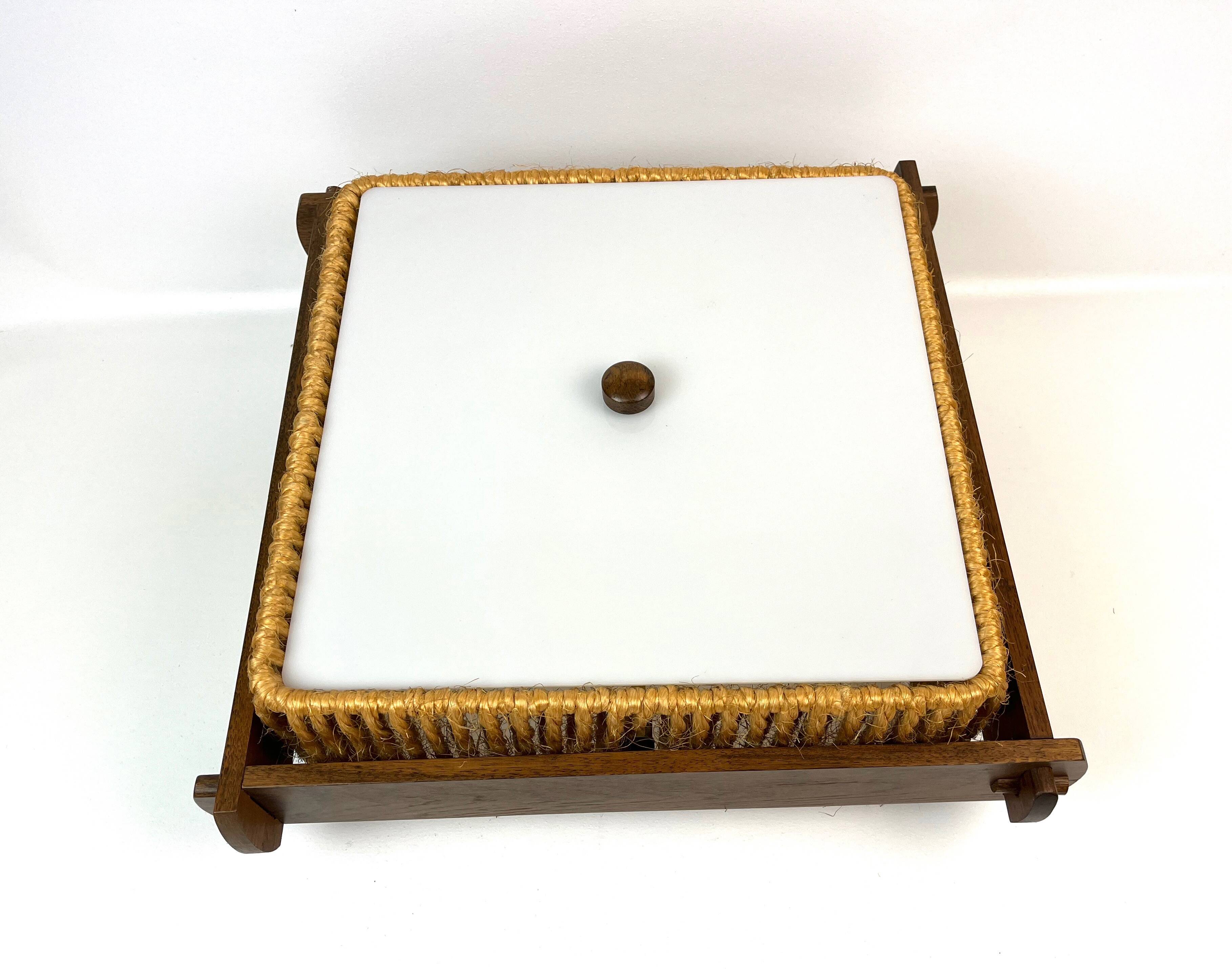 Rare lampe de plafond originale Temde Mid Century Danish Modern en chêne et sisal