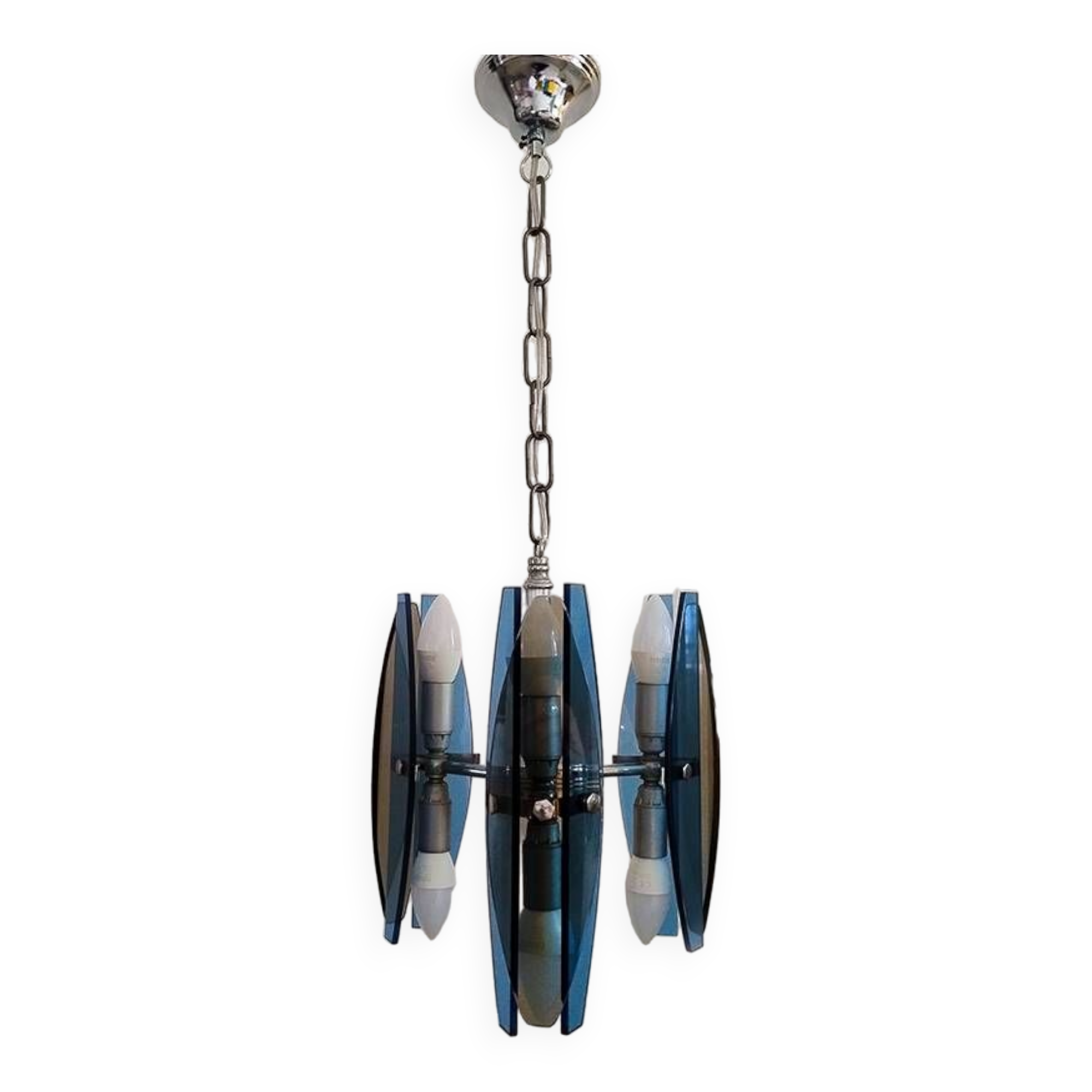 1970s Gorgeous Blue and Smoked Glass Pendant Lamp by Veca. Made in Italy