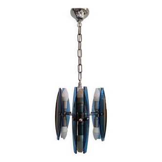 1970s Gorgeous Blue and Smoked Glass Pendant Lamp by Veca. Made in Italy
