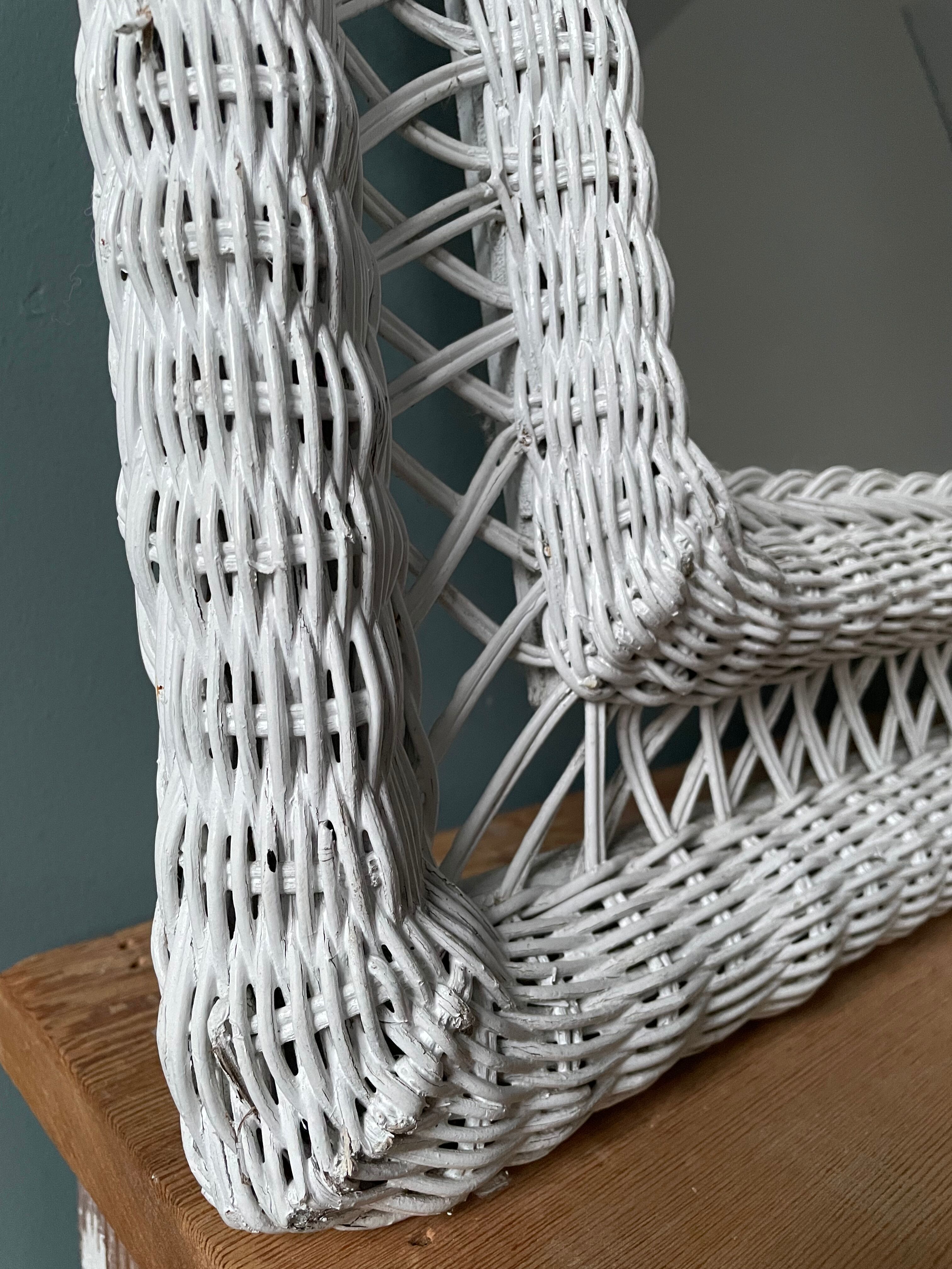 Rattan mirror, white woven wicker, 1960 57x73cm