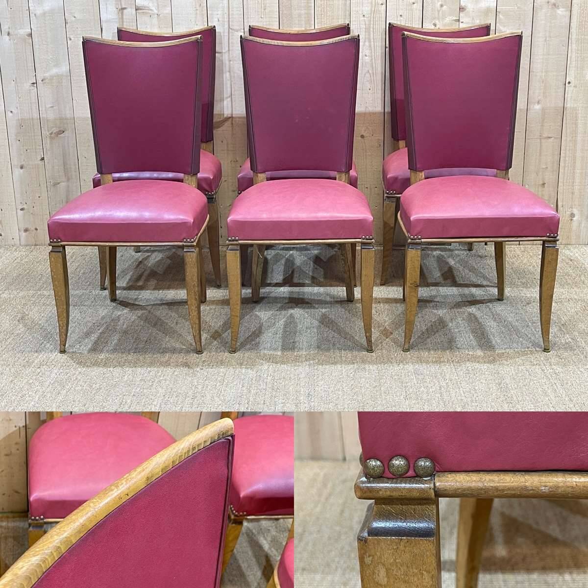 Set of 6 beech chairs with skai in the style of Jules Leleu.