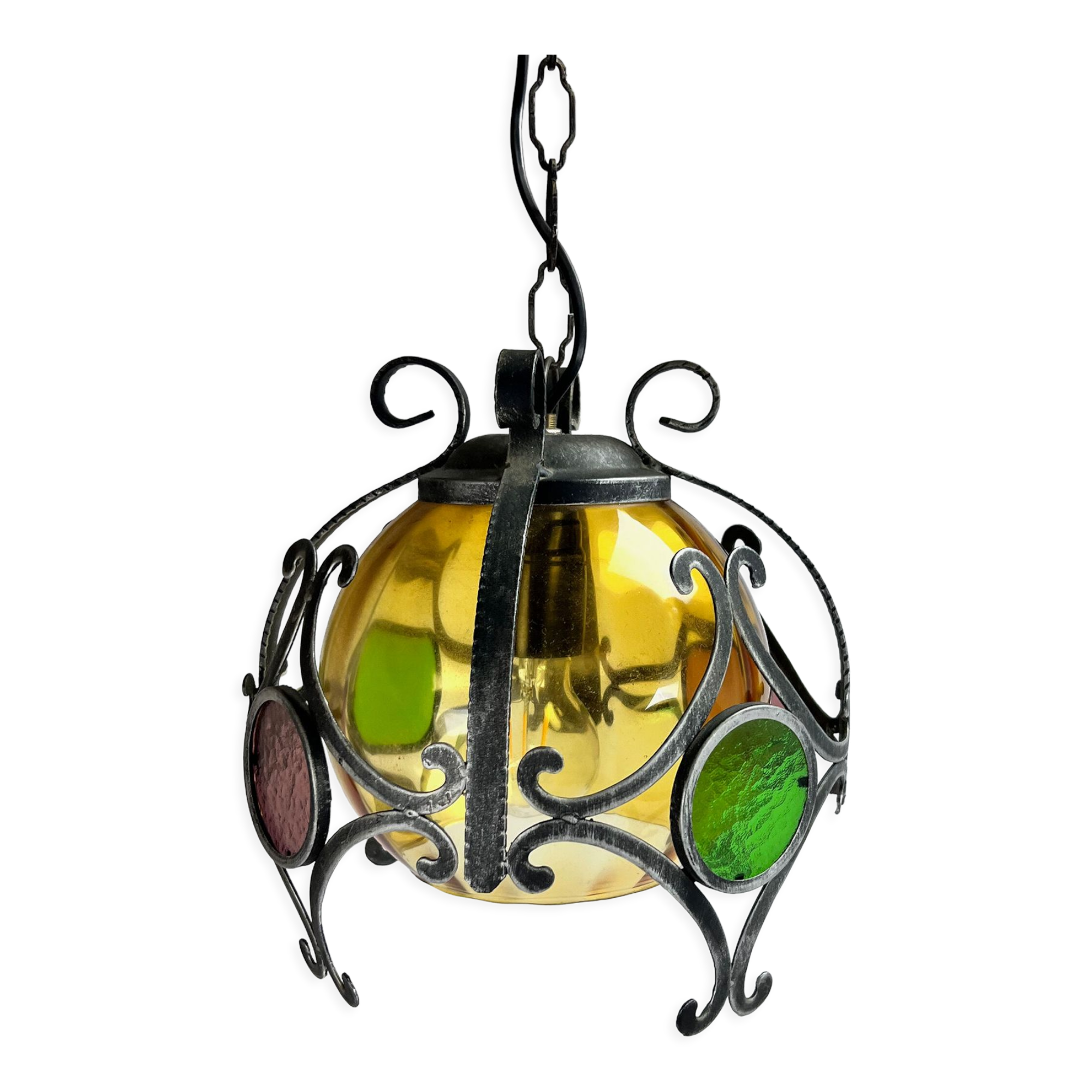 Brutalist cast iron and colored glass pendant, 1970s