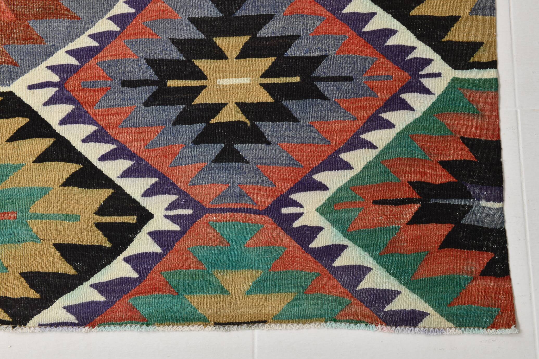 6x7 Kilim Multicolor Geometric Style Anatolian Kilim Rug, 166x230 Cm