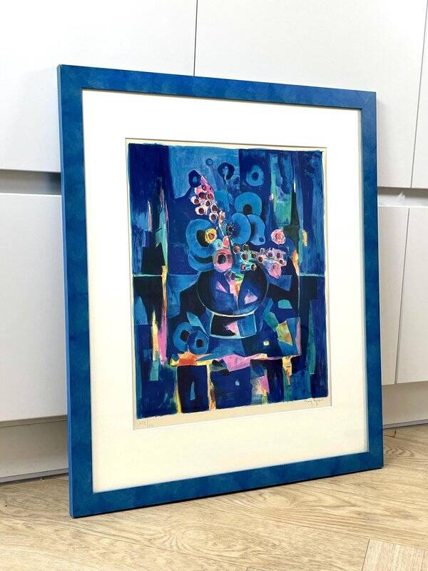 Tony Agostini, Bouquet with Blue Vase, Lithograph, Framed