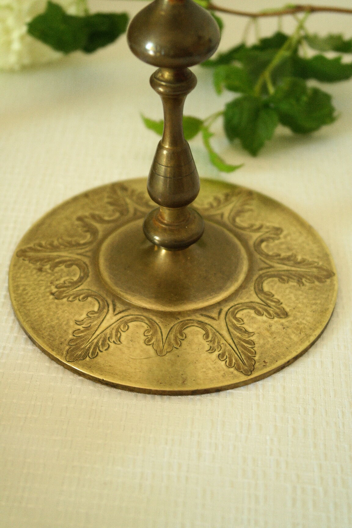 Pair of vintage engraved brass candle holders