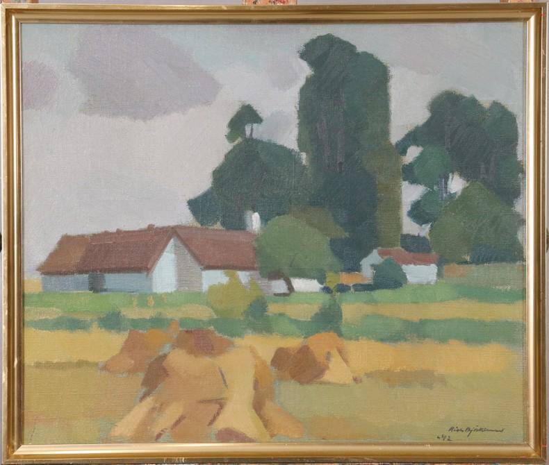 Mid Century Swedish Oil on Canvas – “Village” by Richard Björklund