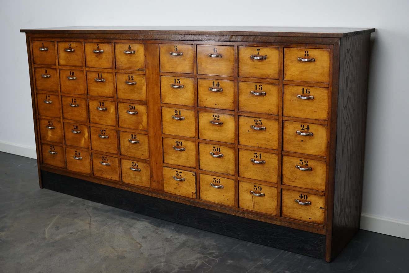 Dutch industrial apothecary cabinet in beech and oak 1940s