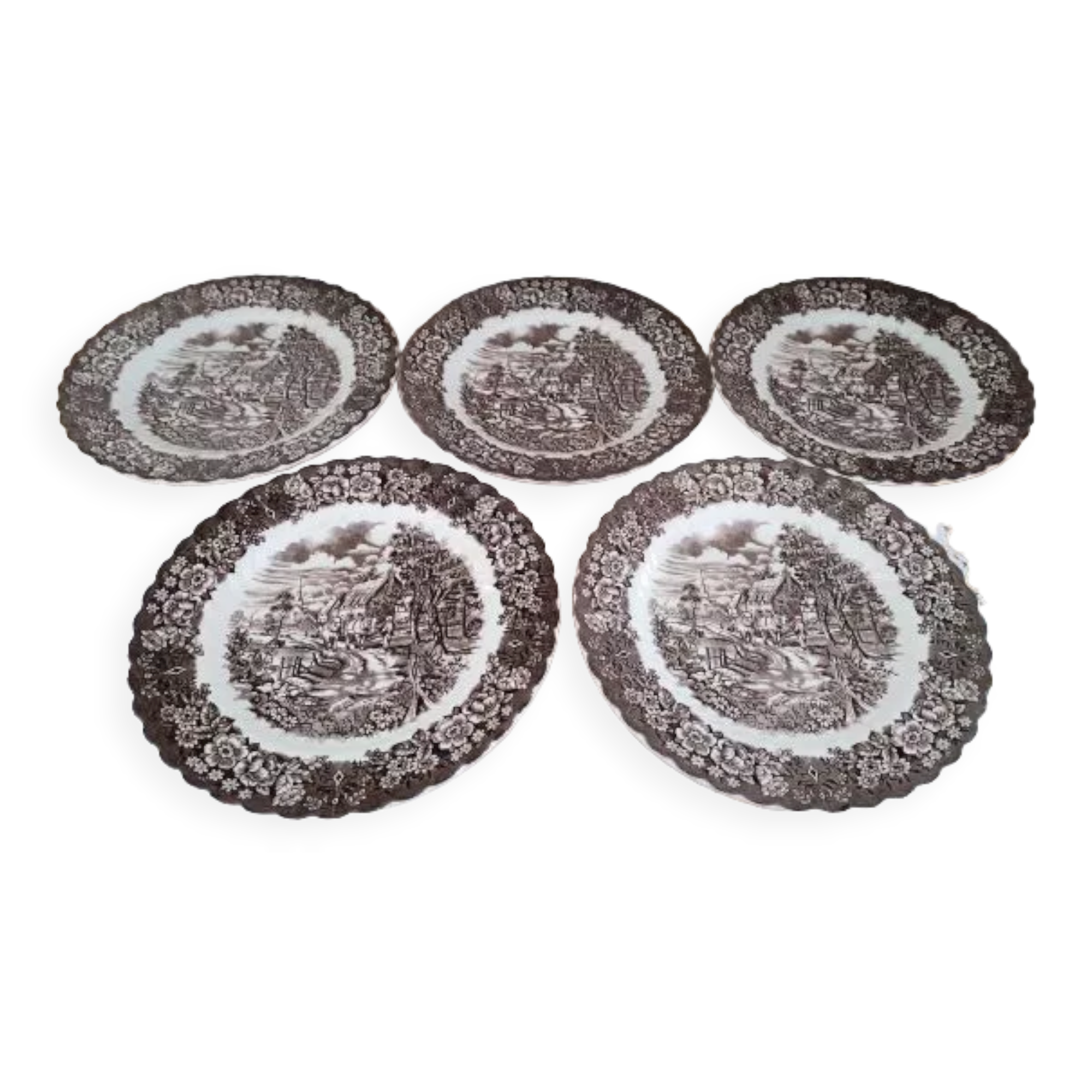 Set of 5 flat plates in English Iron Earth country decoration brown marli floral