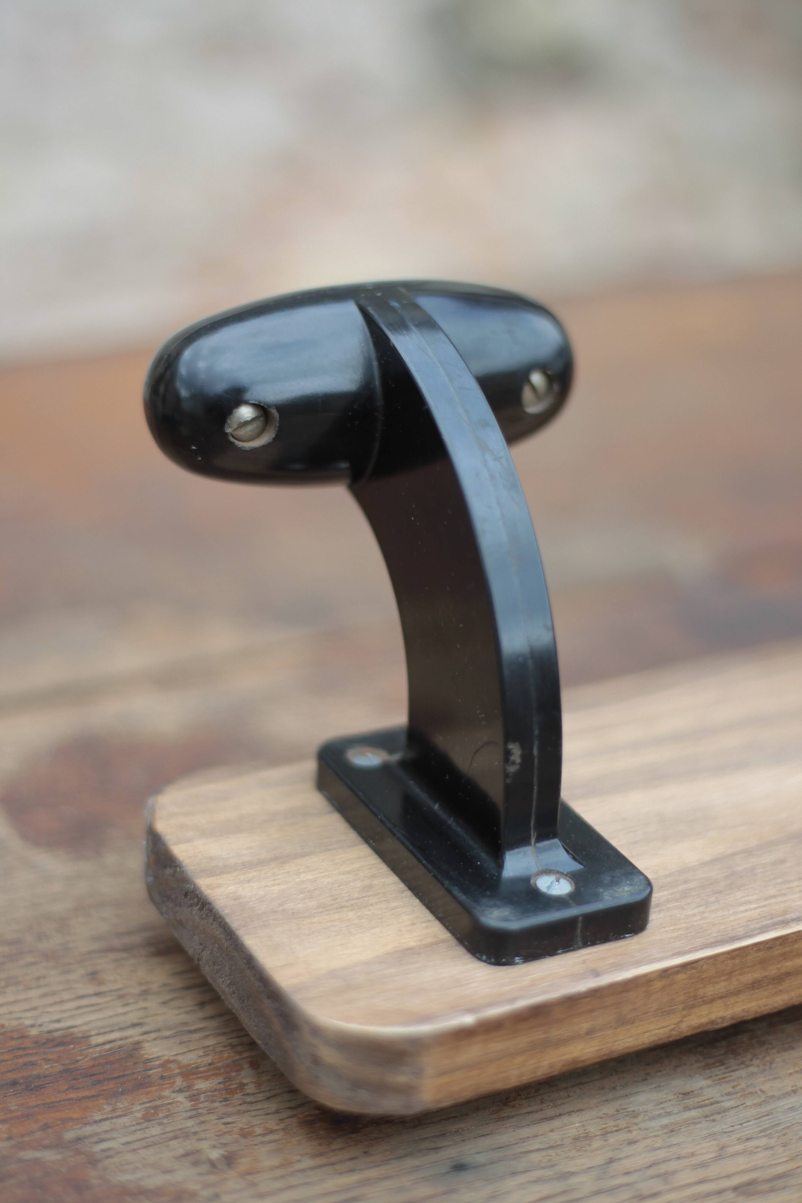 Wooden wall coat rack, vintage wall coat rack, bakelite hooks, ha