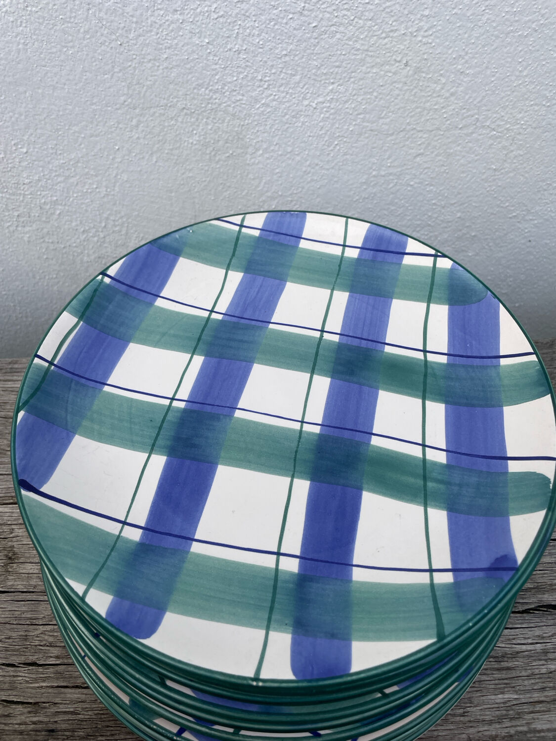 10 blue and green checked ceramic plates