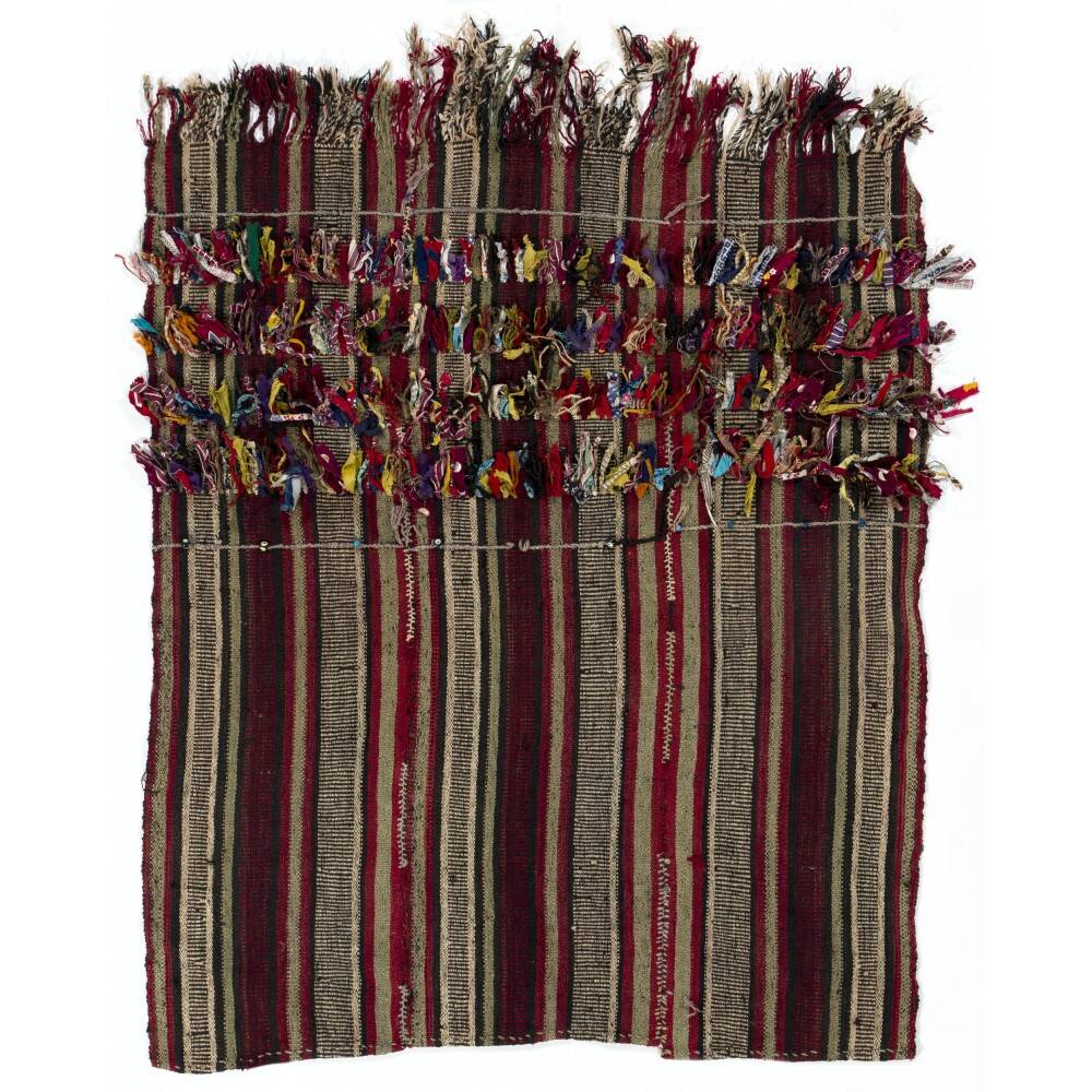 Vintage Tribal Turkish Kilim Rug with Colorful Pom Poms, Folk Art Wall Hanging