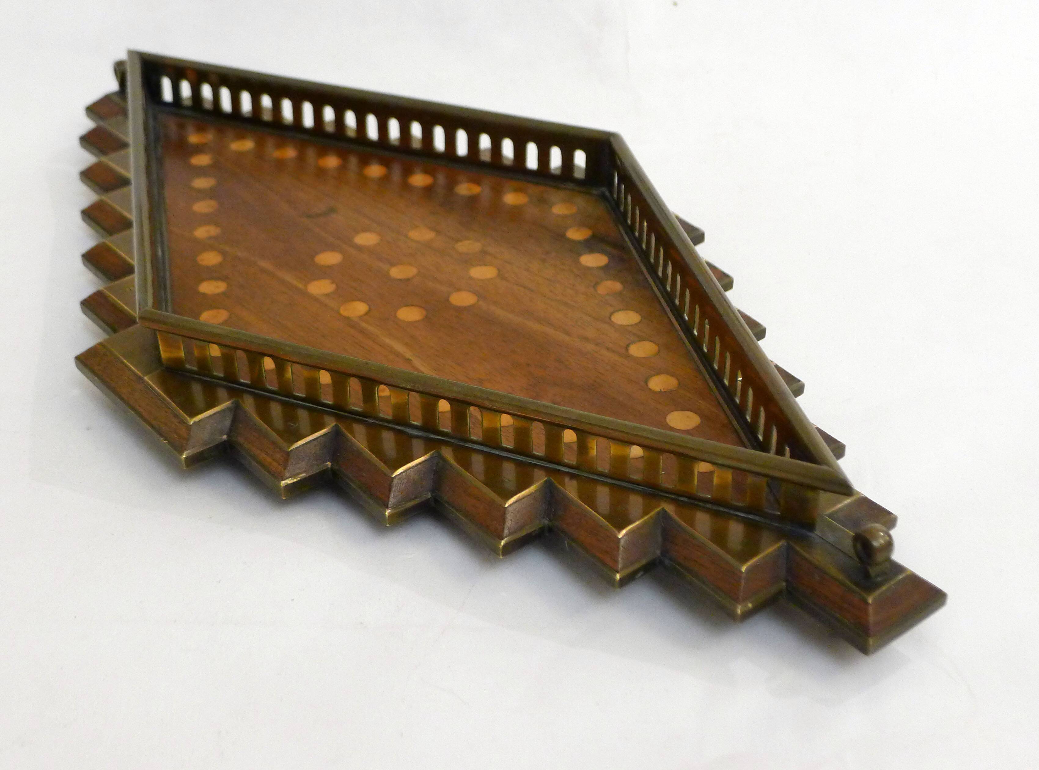 Diamond-shaped wood and brass tray