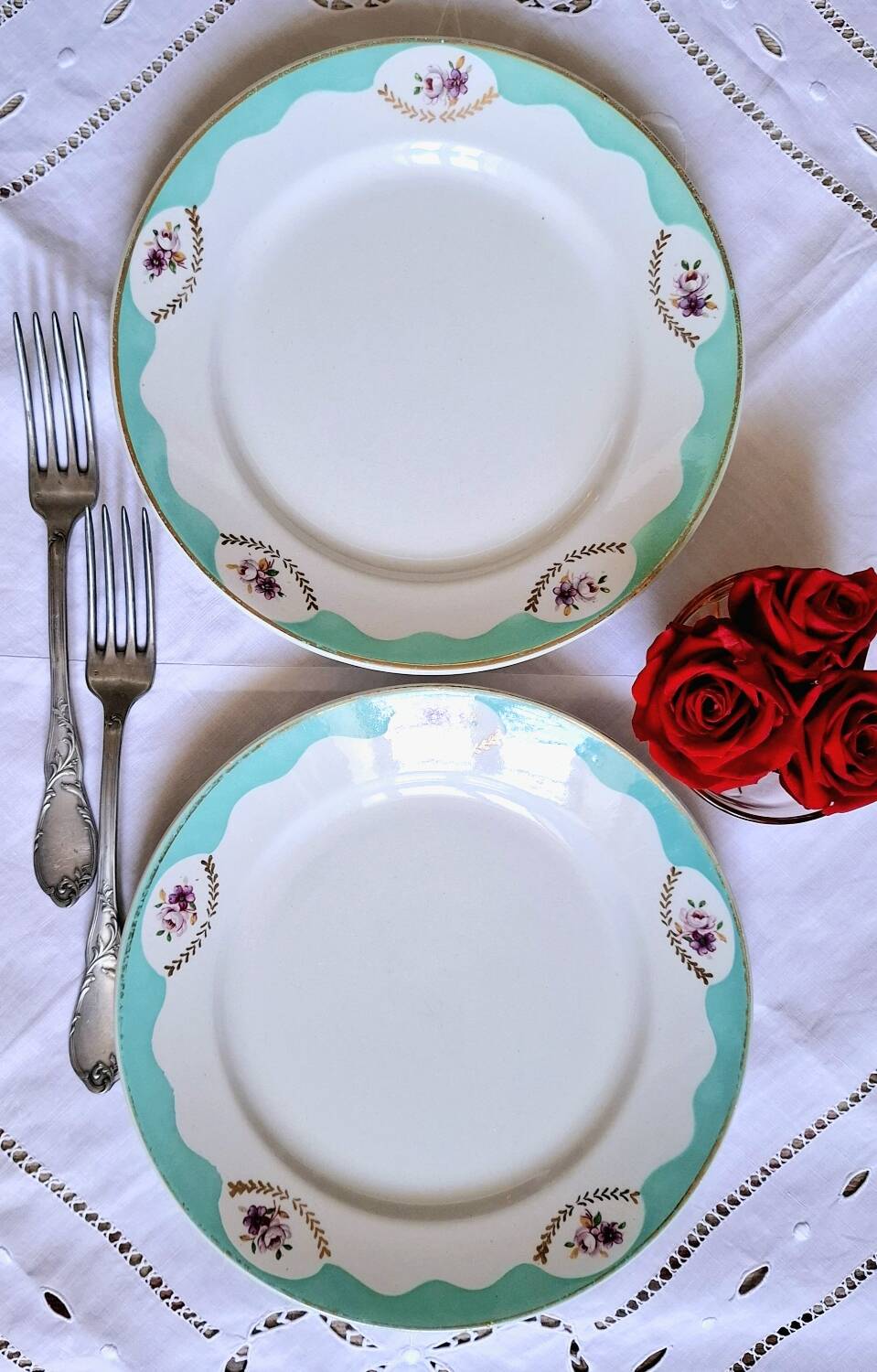 Old mismatched earthenware dinner plates