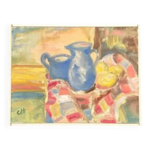 Huile sur panneau d'origine suédoise – « Pitchers bleus et citron » par Off – Signé – Vintage et encadré – 37 × 29 cm (14,6 po × 11,4 po)
