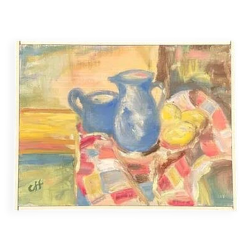 Huile sur panneau d'origine suédoise – « Pitchers bleus et citron » par Off – Signé – Vintage et encadré – 37 × 29 cm (14,6 po × 11,4 po)