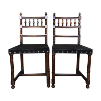 Paire de chaises henri ii bois tourné & assise cuir gaufré #a304