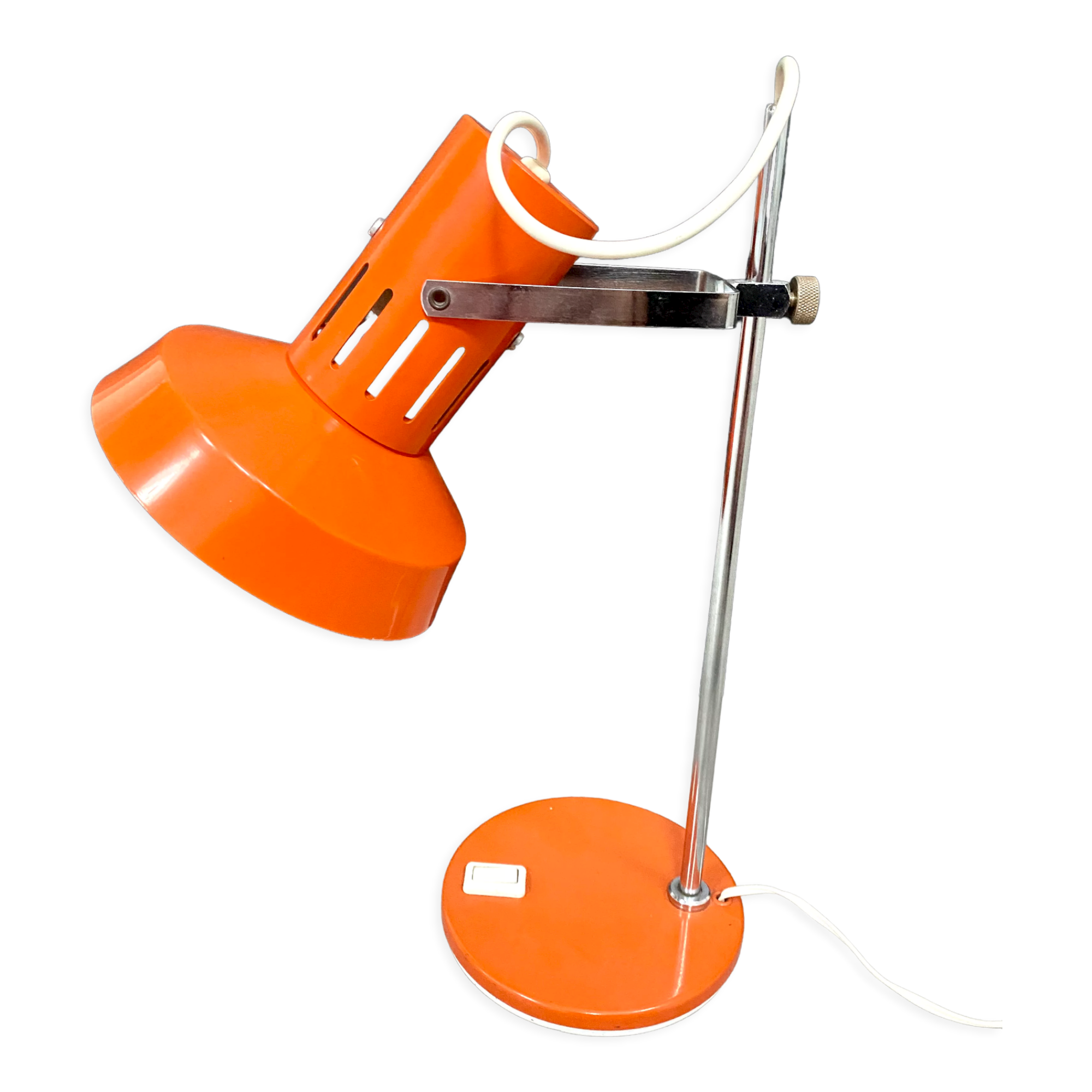 Lampe de bureau métal laqué orange et chrome, vers 1970